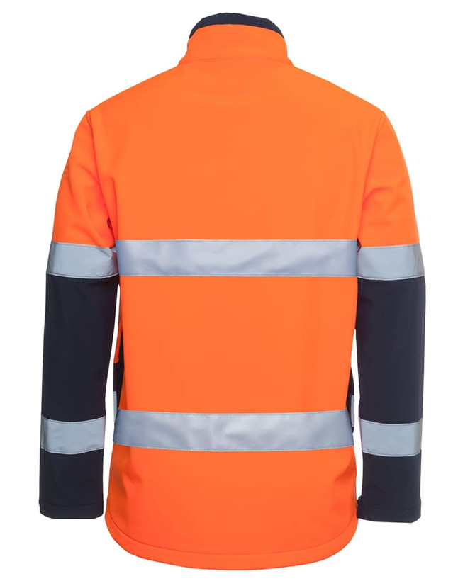 A bright orange jacket with reflective silver stripes, featuring black accents on the sleeves and shoulders.