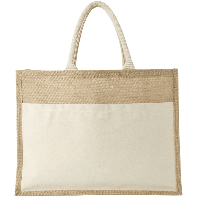 A jute tote bag in beige and cream, featuring a large main compartment and short handles for carrying.