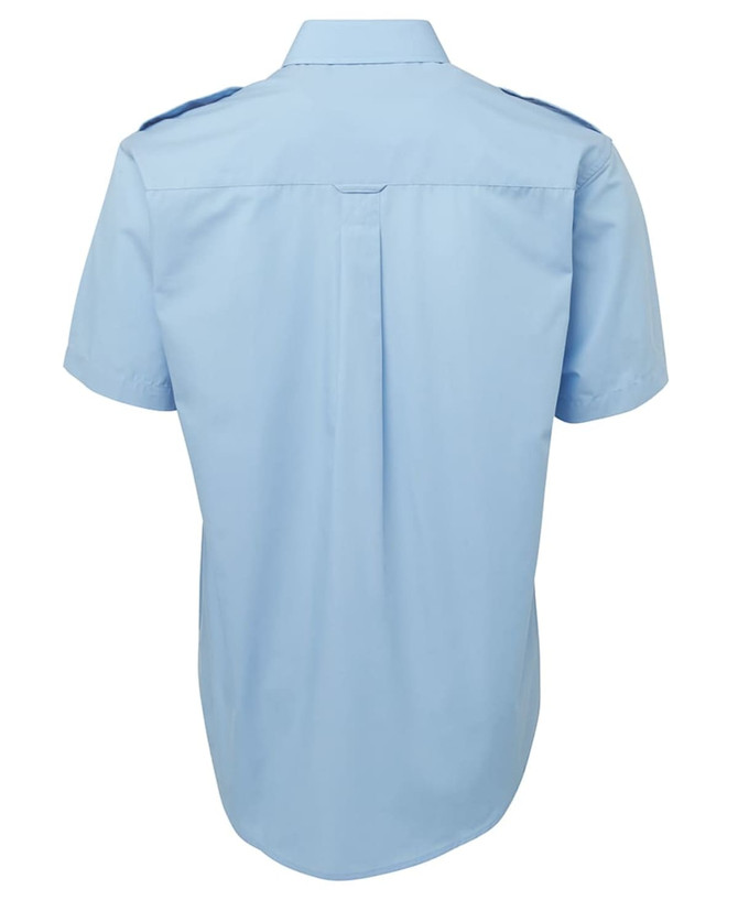 A light blue button-up shirt with a back pleat and a collar, featuring a logo on the chest.