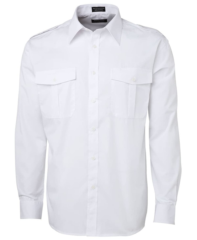 A white button-up shirt with two chest pockets and a collar. The shirt features a logo on the label.