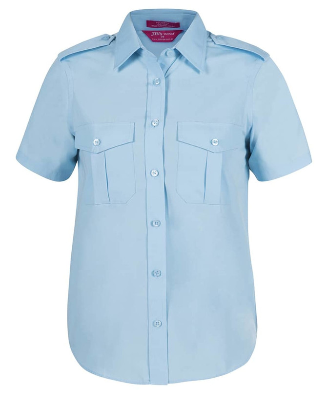 A short-sleeved, button-up shirt in light blue with epaulettes and two chest pockets. It features a logo.