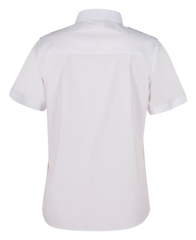 A white short-sleeved button-up shirt with an epaulette design and a rear yoke. Features a logo.