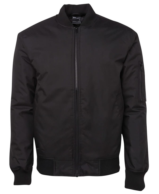 A black jacket with a zip front, ribbed cuffs, and a side pocket, featuring a logo.