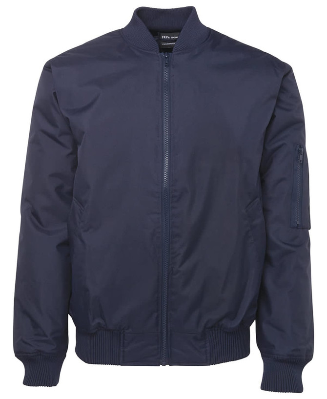 A navy blue bomber jacket featuring a zip front and a pocket on the sleeve. It has a ribbed hem and cuffs.