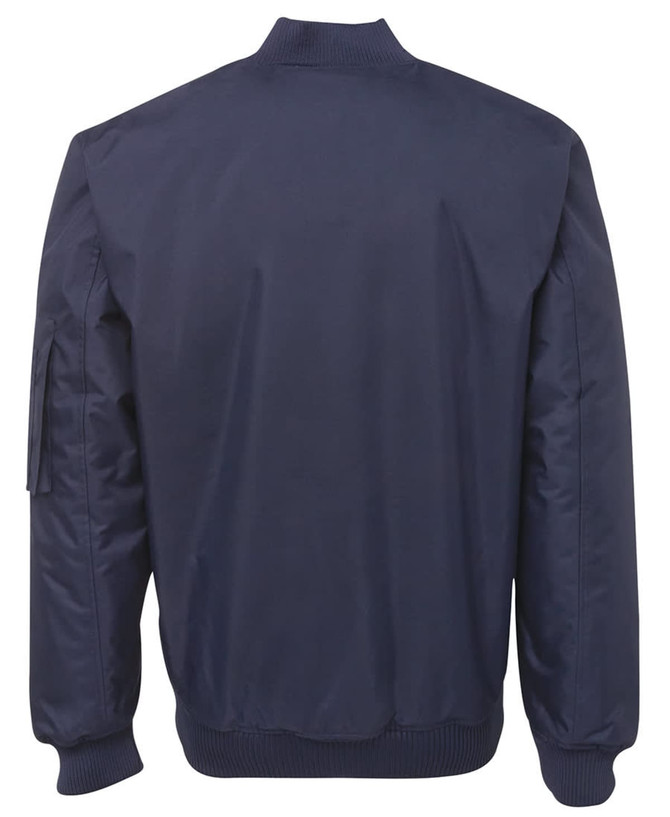 A navy jacket with a ribbed collar and cuffs, featuring a side arm pocket and a smooth fabric finish.