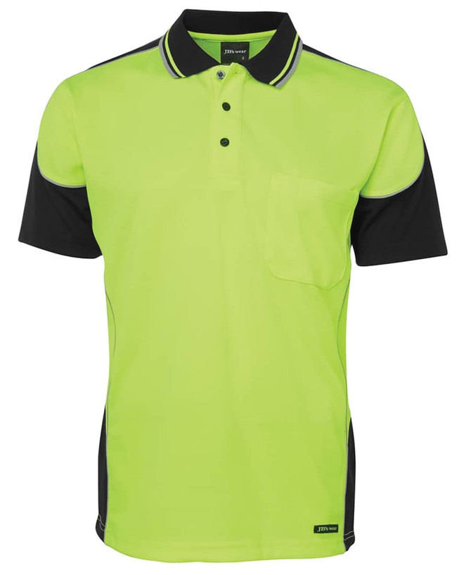 A bright lime green and black polo shirt with contrast piping and a front pocket, featuring a logo.