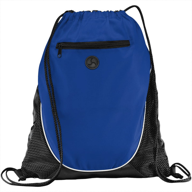 A blue drawstring backpack with a black mesh bottom and a zippered front pocket, featuring a logo.