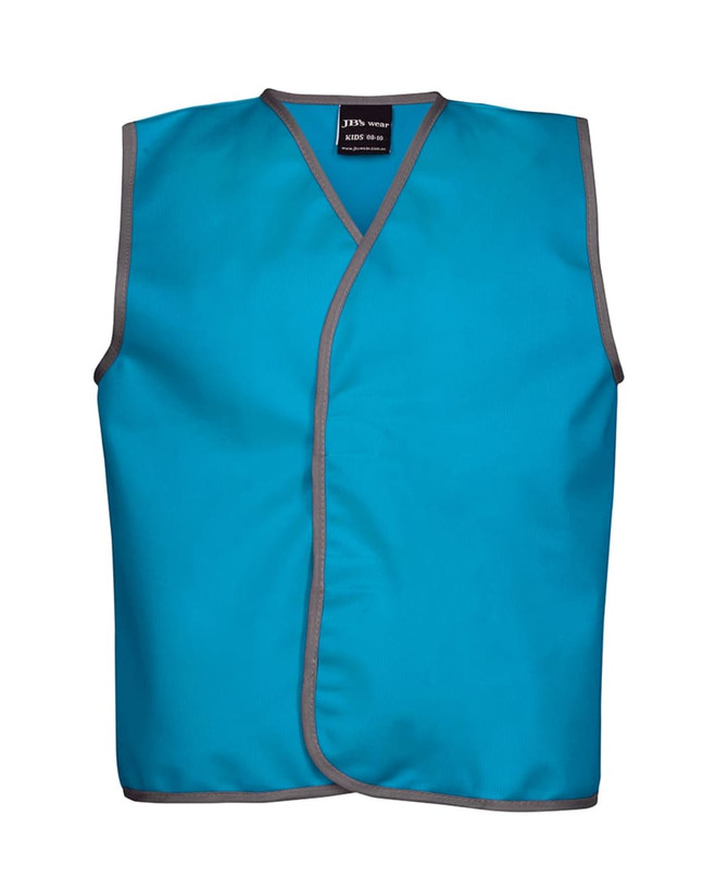 A turquoise tricot vest with grey trim, featuring a logo on the neckline, ideal for sports uniforms.