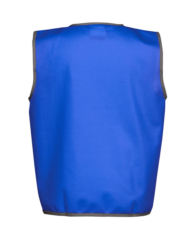 A blue sports vest with grey trim, featuring a simple design and no sleeves. It has a logo on the back.