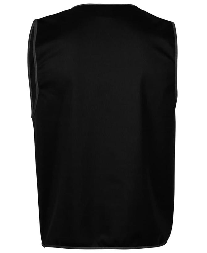 A black tricot vest with grey trim, featuring a logo on the back. Designed for workwear use.