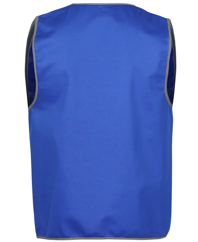 A blue vest with a grey trim and a logo, designed for workwear applications.