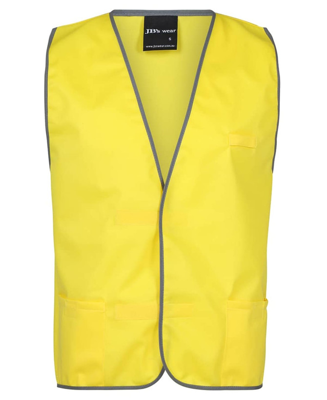 A bright yellow tricot vest with grey trim, featuring multiple pockets and a logo tag on the neckline.