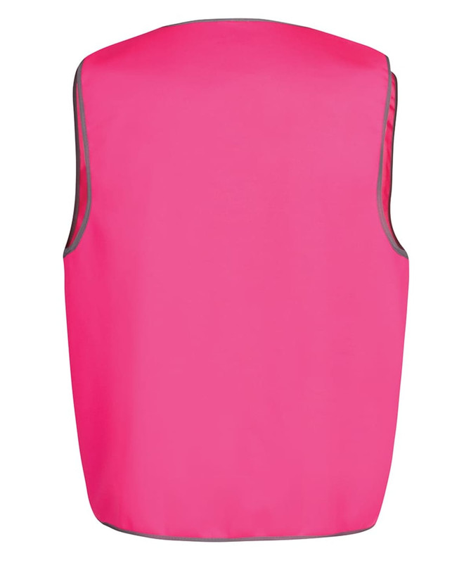 A bright pink work vest with grey piping and a logo on the front.