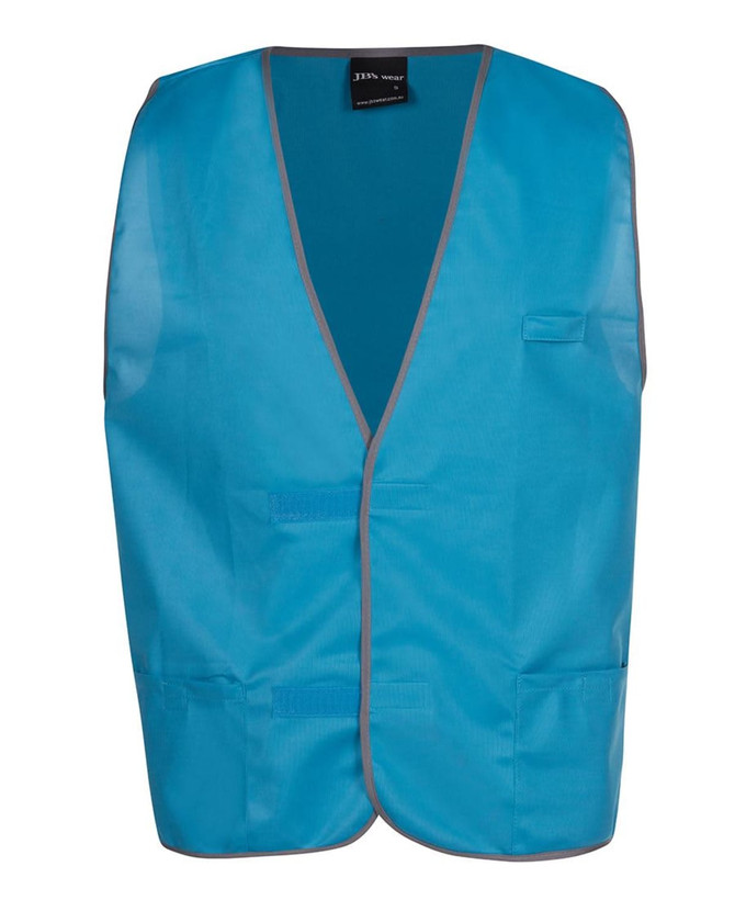 A blue tricot vest with a contrasting trim and a pocket, featuring a branding logo. Suitable for workwear use.