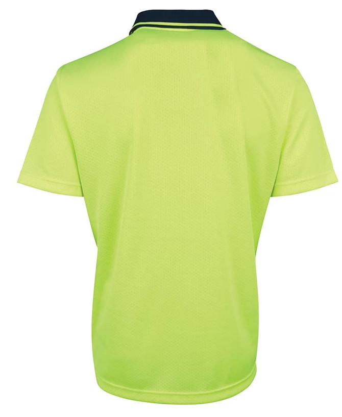 A lime green polo shirt with a collar, featuring a branding logo. Back view displays a simple design.