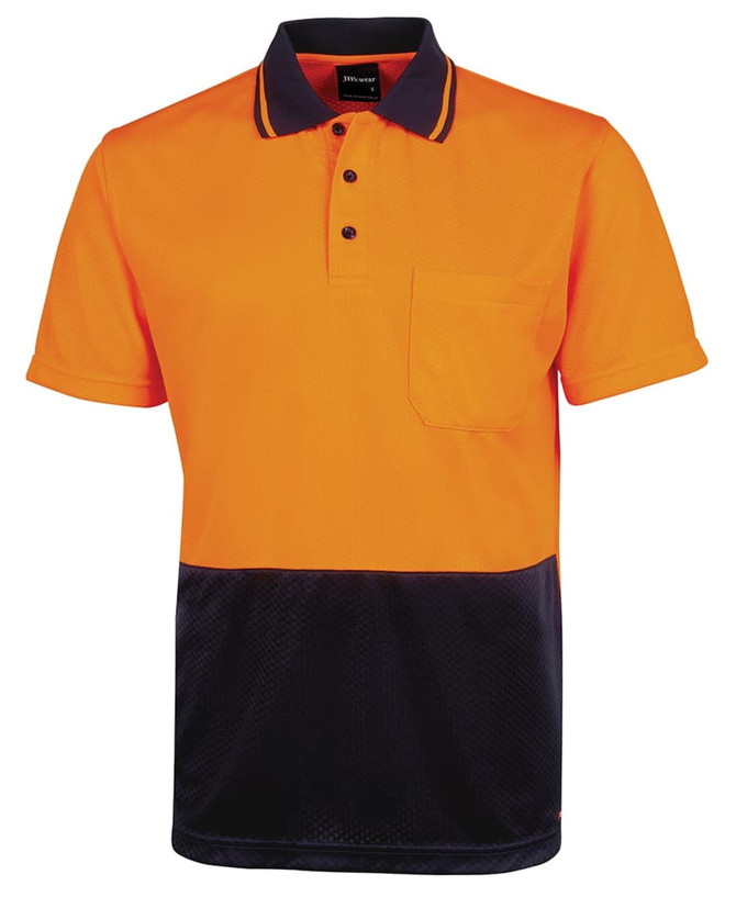 An orange and navy polo shirt with a pocket and a branded label at the collar. Features a two-tone design.