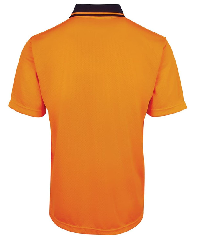 An orange polo shirt with a navy collar, featuring a brand logo. It has a non-cuff design suitable for workwear.