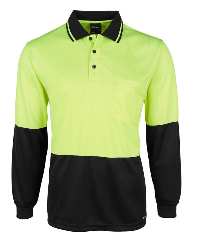 A long-sleeved polo shirt in fluorescent yellow and black, featuring a chest pocket and a collar. It has a logo.