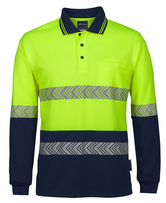 A long-sleeve polo shirt in high-visibility yellow and navy, featuring reflective segmented tape and a chest pocket.