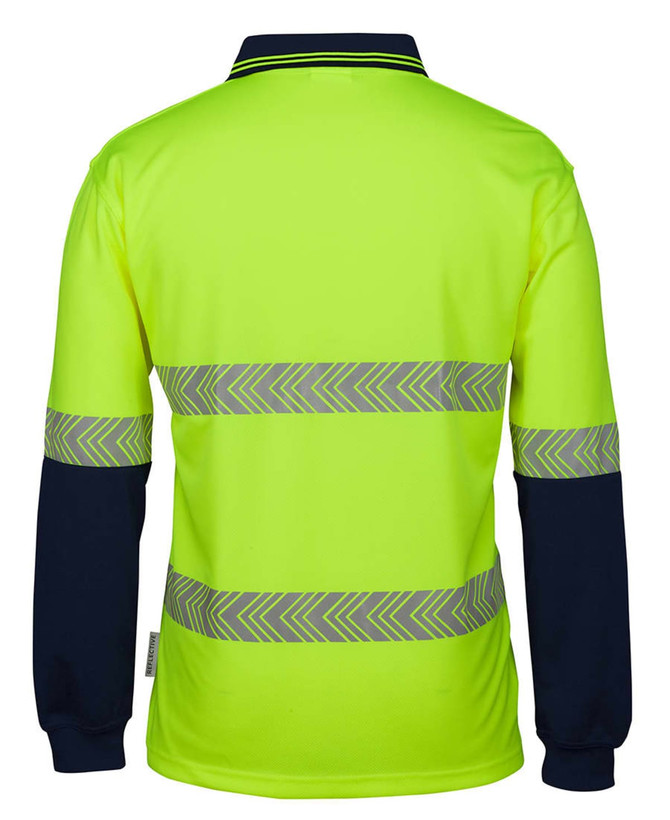 A long-sleeved polo shirt in high visibility yellow with navy blue sleeves and reflective stripes. It has a logo on it.