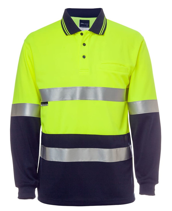 A long-sleeve work polo shirt in fluorescent yellow and navy, featuring reflective stripes and a logo.