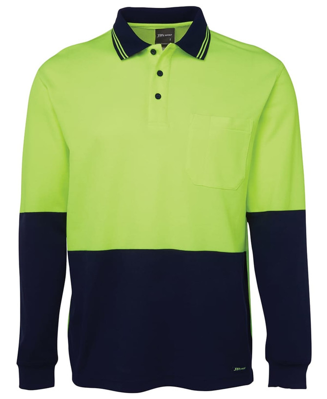 A long-sleeve polo shirt in high visibility lime green and navy blue, featuring a pocket and a logo.