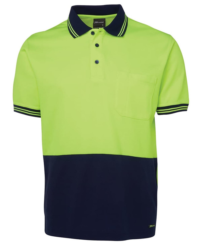 A polo shirt featuring a bright yellow-green upper section and a navy blue lower section, with a pocket and a logo.
