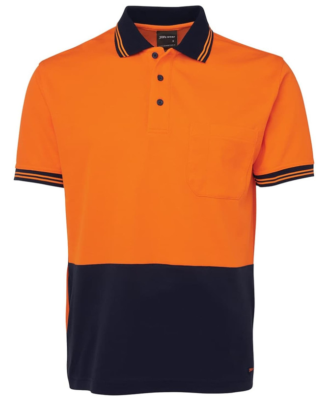 An orange and navy polo shirt with a pocket and a logo. Features contrasting stripes on the collar and sleeves.