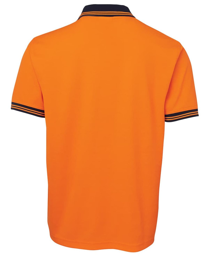 An orange polo shirt featuring a navy collar and striped cuffs, with a logo on the side.