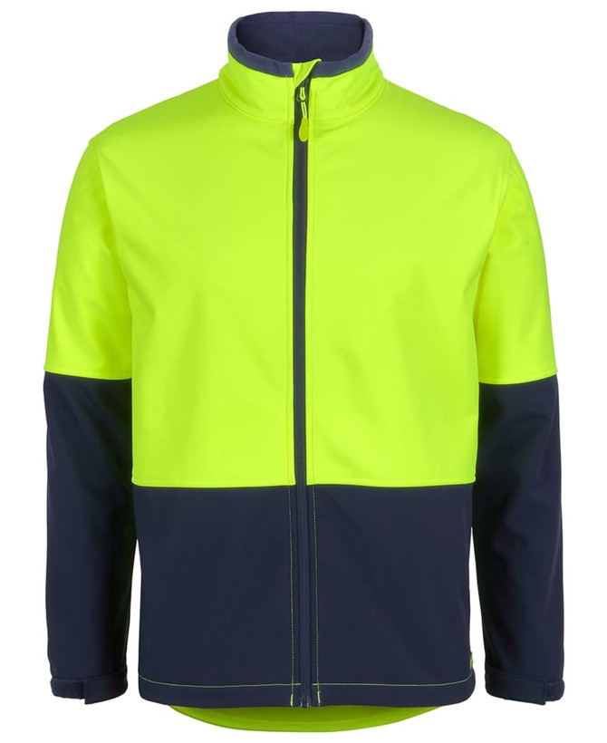 A vibrant high-visibility yellow and navy three-layer softshell jacket with a front zipper and a logo.