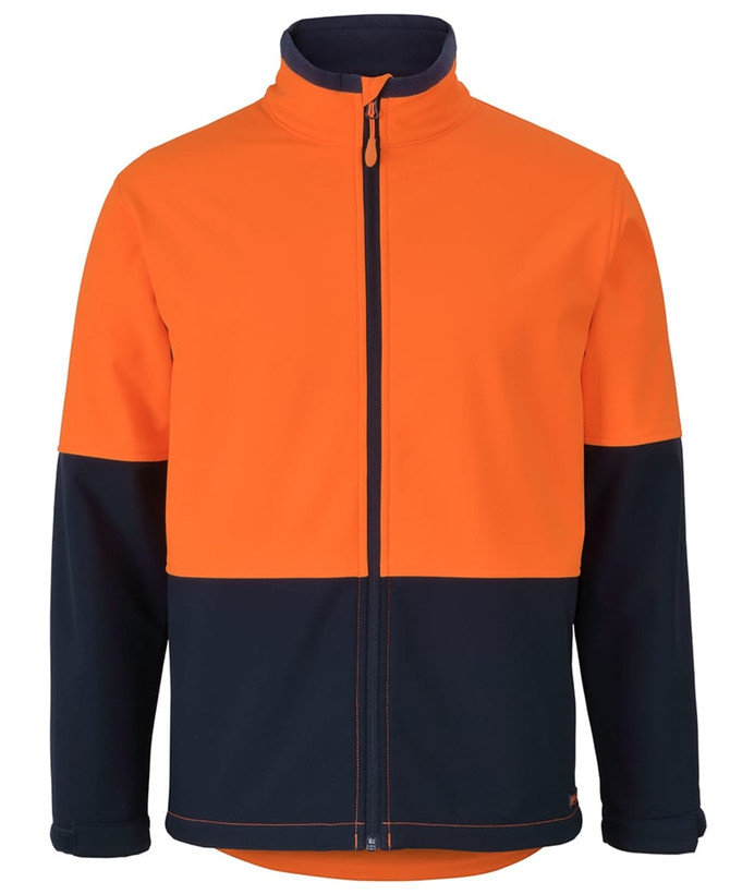 A three-layer softshell jacket in orange and navy, featuring a zip front and a logo.