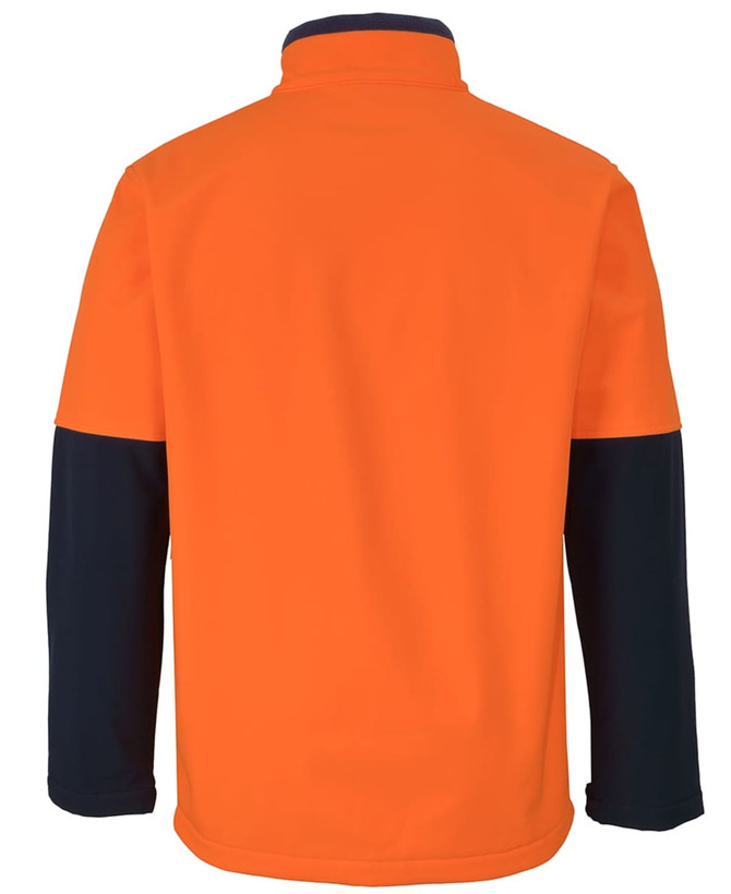 An orange and navy three-layer softshell jacket featuring a collar and long sleeves, with a logo on the back.