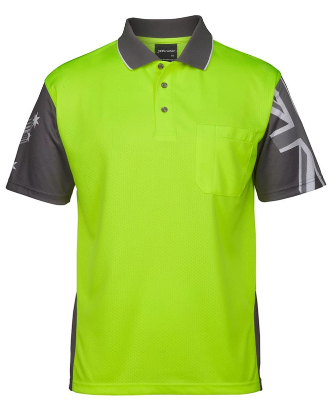 A bright yellow and grey work polo shirt with a pocket and a logo on the sleeve.