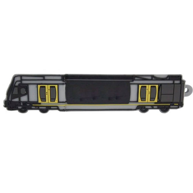 A 2D custom USB flash drive shaped like a train, featuring black, yellow, and grey details, with a logo.
