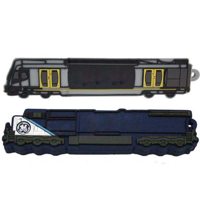 A 2D custom USB flash drive shaped like a train, featuring grey, yellow, and blue colours, with a logo present.