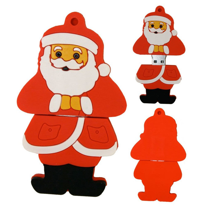 A red and white Santa Claus USB flash drive with a smiling face. It features a logo on the side.