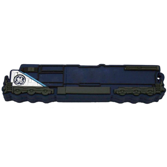 A blue custom USB flash drive designed in the shape of a train engine, featuring a logo.