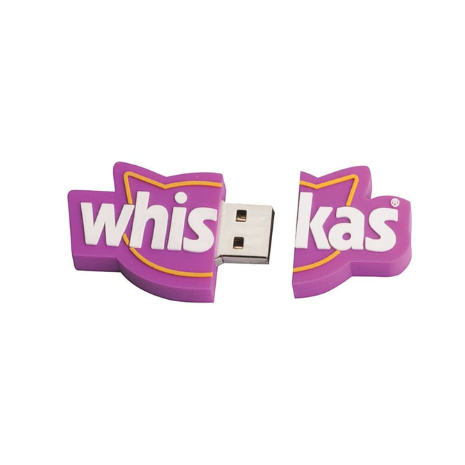 A purple USB flash drive shaped like a cat logo, featuring a detachable section. It has a logo on the surface.