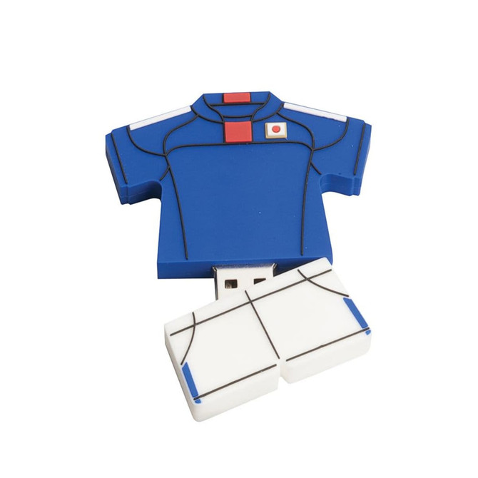 A blue and white USB flash drive shaped like a shirt, featuring a logo. The drive is designed with intricate details.
