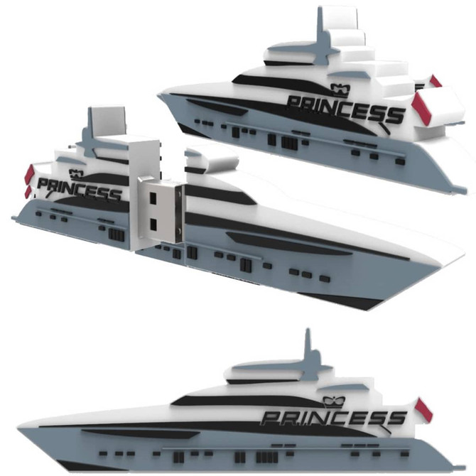 A custom USB flash drive shaped like a white and grey yacht, featuring a logo on the side.