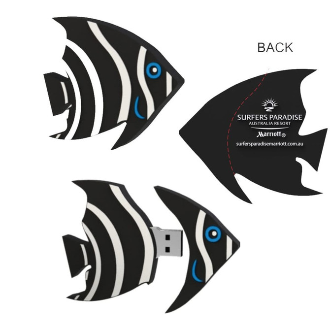 A black and white striped fish-shaped USB flash drive with a logo on one side.