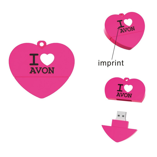 A pink heart-shaped USB flash drive with a logo, featuring an imprint area for customisation.