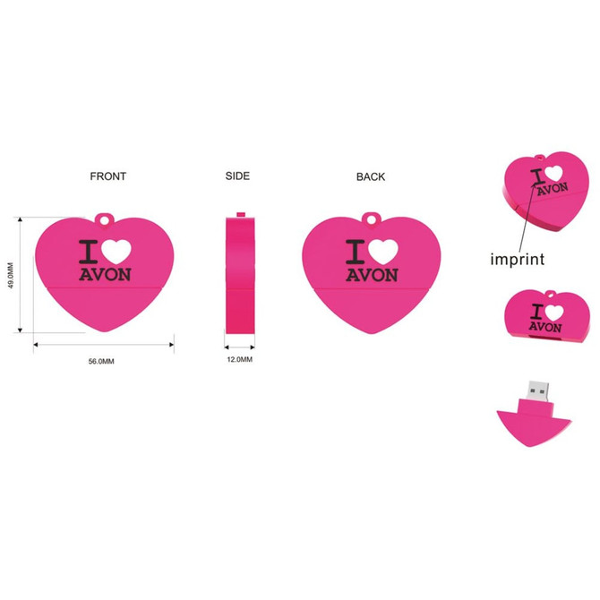 A pink heart-shaped USB flash drive with a logo, featuring front, side, and back views along with dimensions.