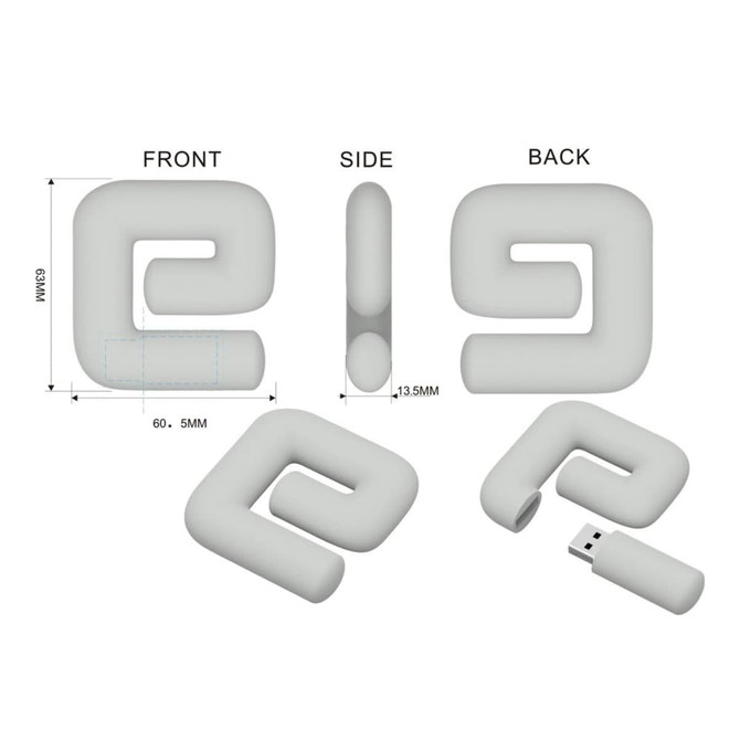 A grey 2D custom USB flash drive in a unique curved shape, shown from various angles with dimensions.