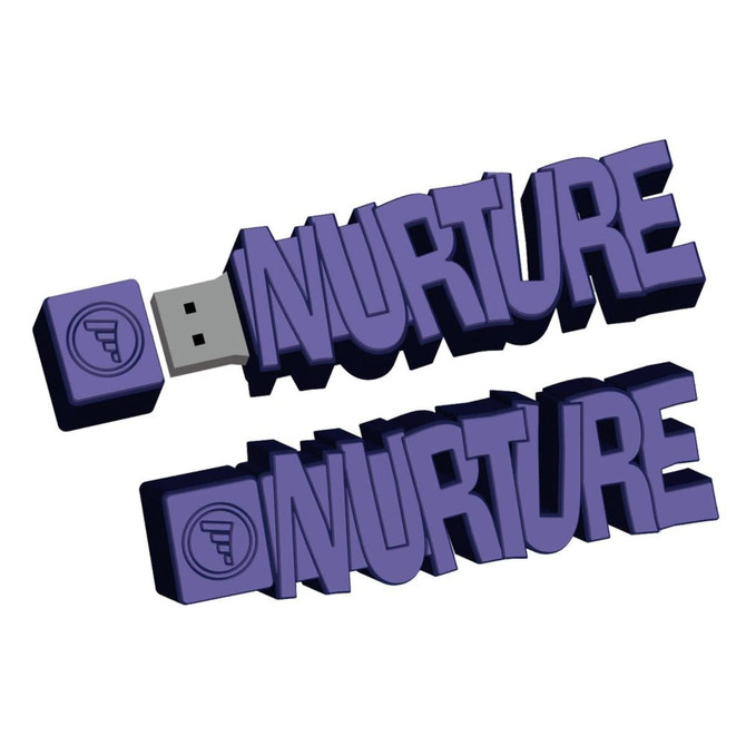 A purple 2D custom USB flash drive shaped like the word "NURTURE," featuring a logo on one end.