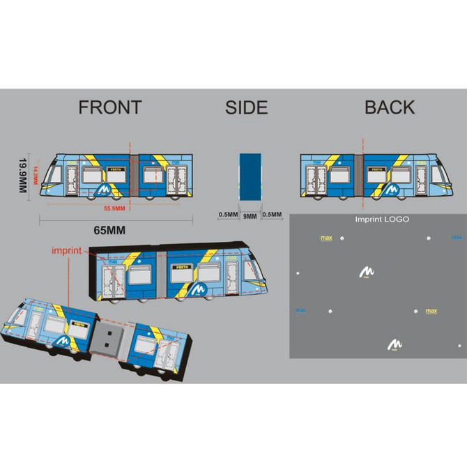 A 2D custom USB flash drive designed in the shape of a bus, featuring blue and yellow colours, with imprint areas for logos.