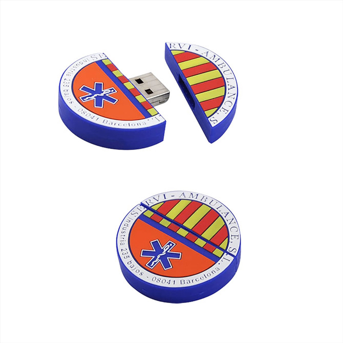 A blue USB flash drive with a circular design featuring a logo, partially opened to reveal the USB connector.