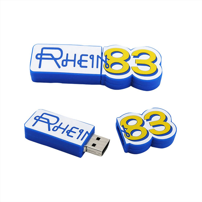 A blue and white 2D custom USB flash drive featuring a logo and the number 83 on it.