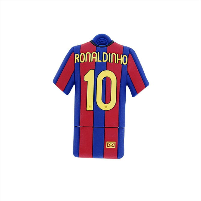 A custom USB flash drive in the shape of a blue and red football jersey, featuring the name "Ronaldinho" and the number "10."
