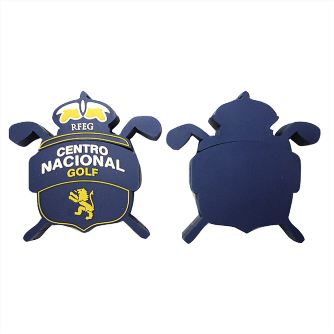 A navy blue USB flash drive shaped like a golf crest, featuring crossed golf clubs and a logo.